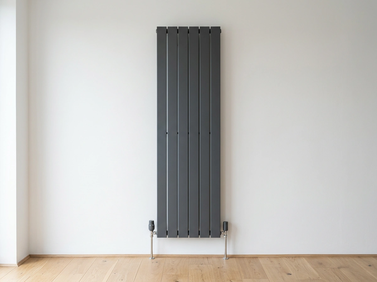 Verticale designradiator in antraciet aan een witte wand