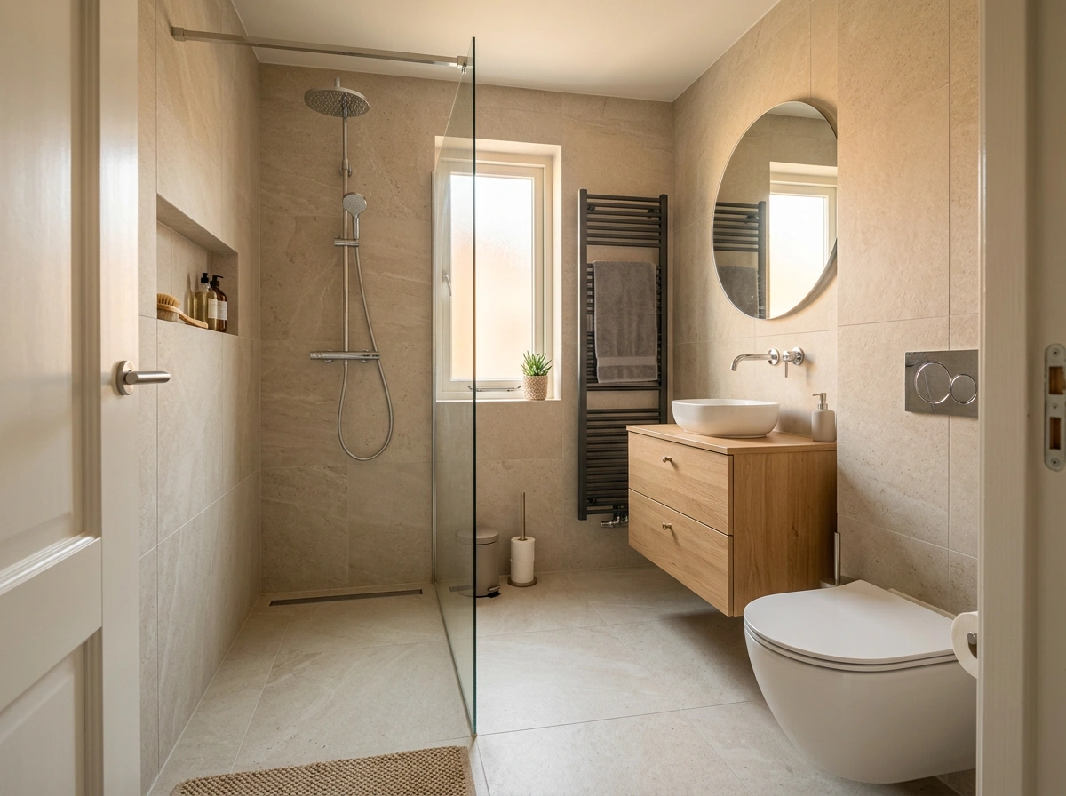 Opgeleverde badkamer met inloopdouche en hangtoilet