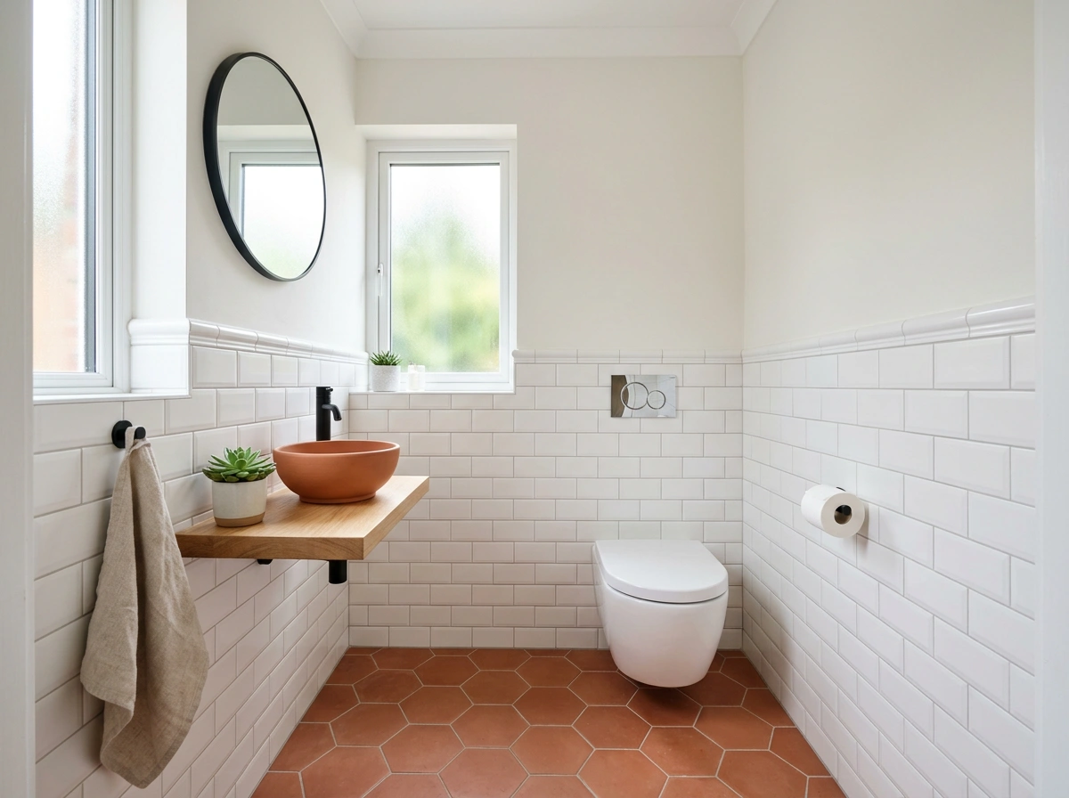 Gerenoveerd toilet met wandtegels en fonteintje
